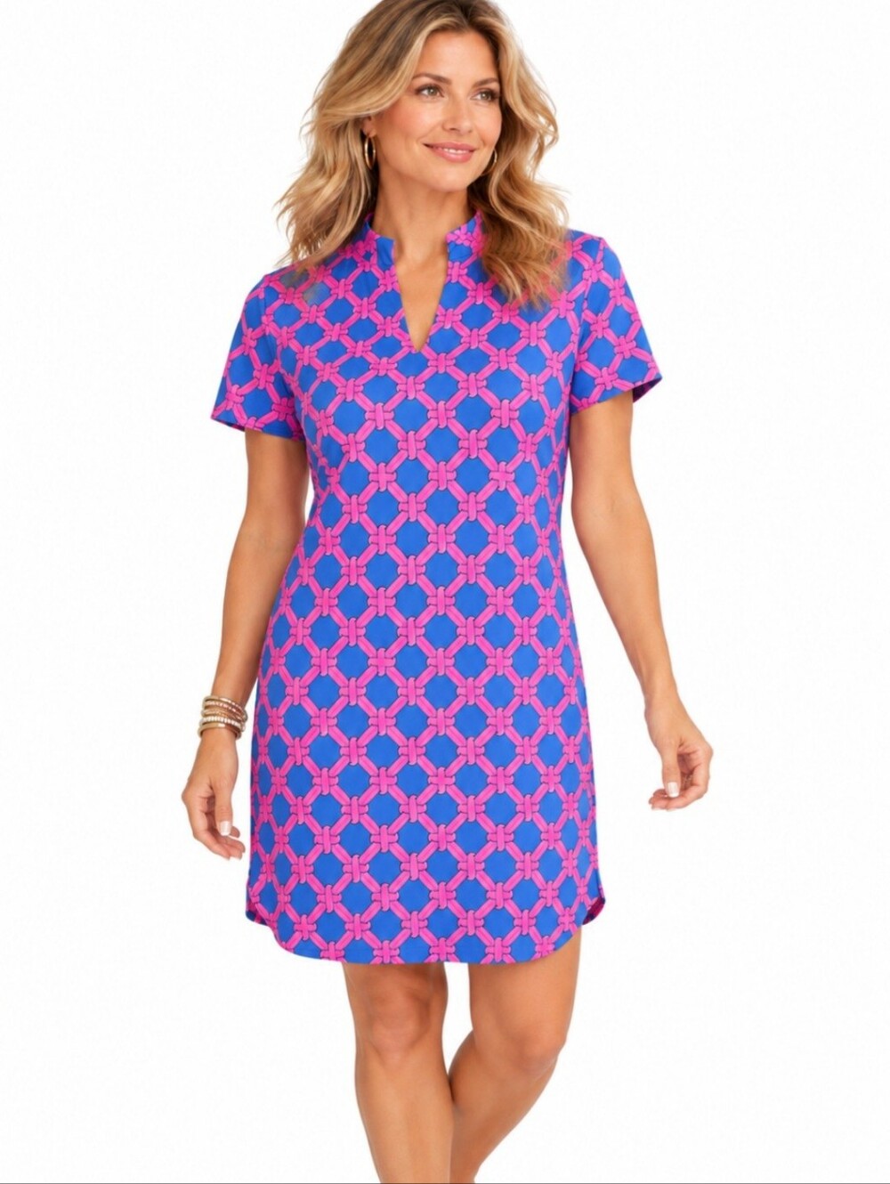 Lulu B Dress Womens Small  SPF 50 Blue Pink Chain Print Resort Vacation Stretch